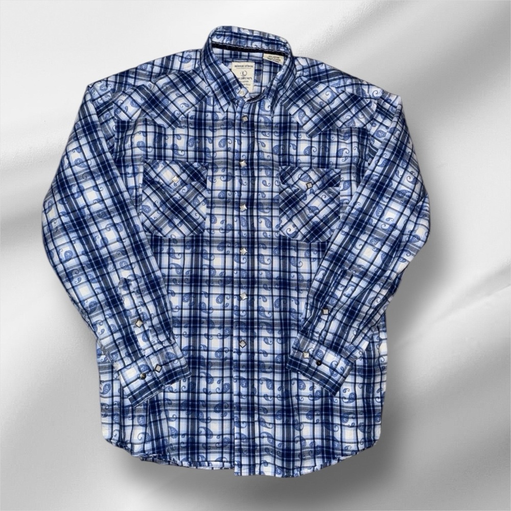 Panhandle Rough Stock Western Shirt Mens Blue Long‎ Sleeve Pearl Snap Sz LG